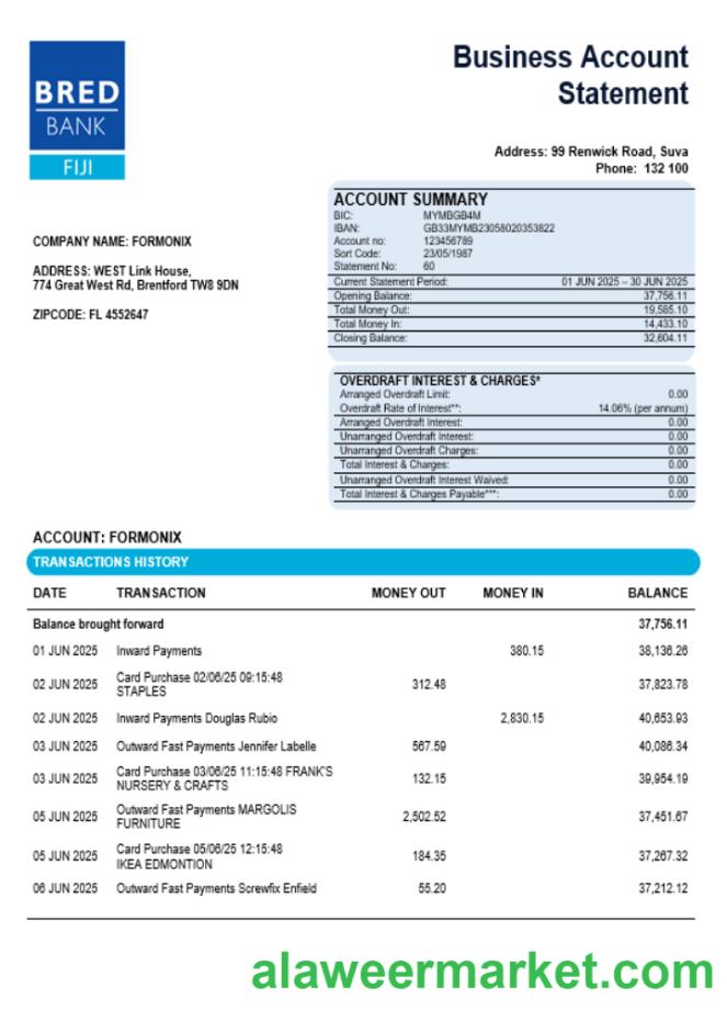 Bred bank firm account statement Word  and PDF format